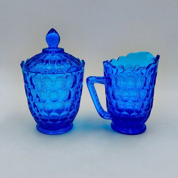 Fenton Glass Colonial Blue Thumbprint Sugar Bowl Creamer Pitcher Lid Set - Picture 4 of 13